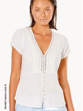 RIP CURL Summer Breeze Top White Button-Front V-Neck Top size XL Dobby cotton